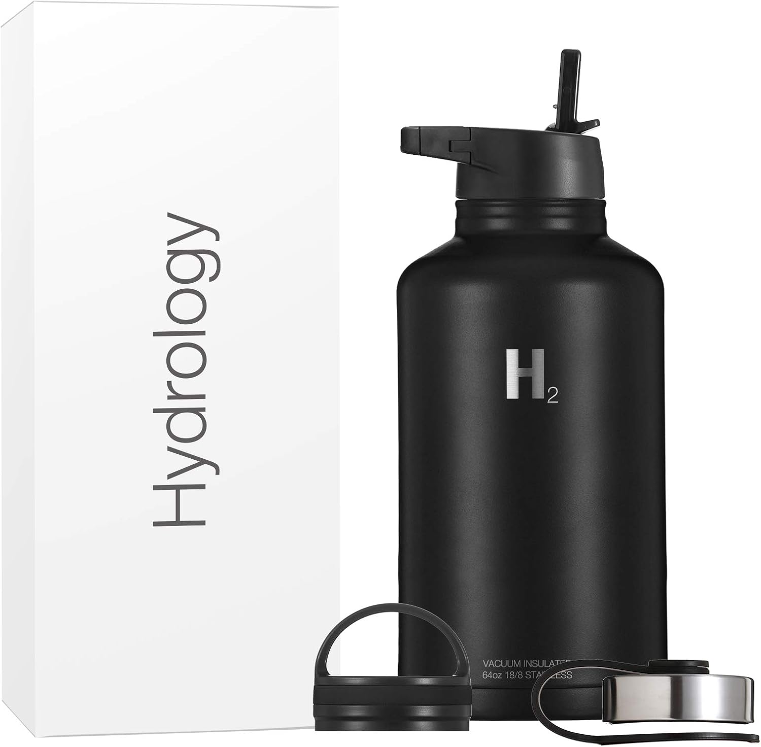 Hydrology Insulated Water Bottle with Straw, Thermos & Wide Mouth Lid (Includes 3 Lids) | Stainless Steel, Double Wall Vacuum | Keeps Liquids Cold or Hot | Sweat Proof Flask (Black, 64 oz)