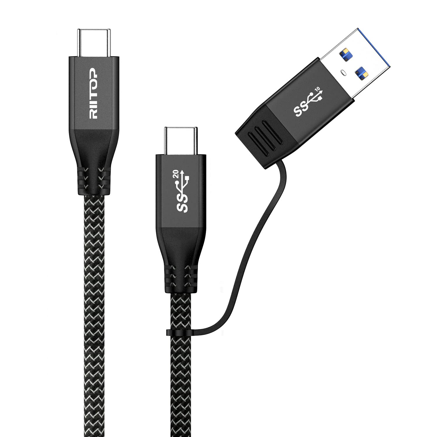RIITOP USB 3.2 Type C to C Cable [20Gbps, 1ft], Braided 2IN1 USB Type-C Y Short Cable E-Marker Chipset Inside with C-A Adapter for External M.2 SSD