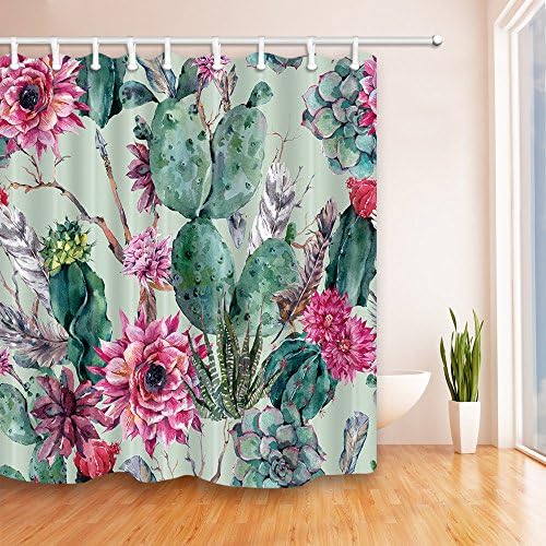 Footalk Shower Curtain Set Bright Colorful Cactus Waterproof Mildew Soap Resistant Bathroom House Decorations 100% Polyester Fabric Equipped with 12 Hooks- 72 x 72 inches