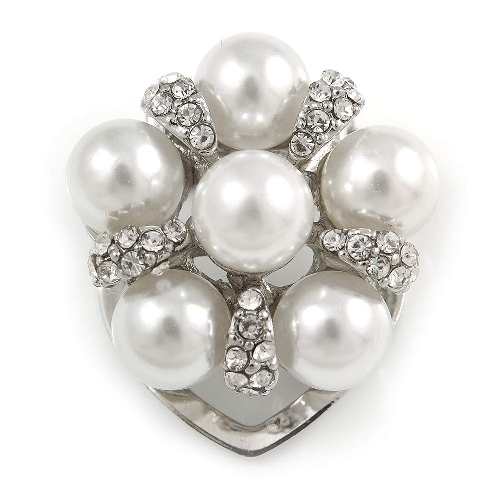 Diamante Faux Pearl Flower Scarf Pin/Brooch In Silver Tone - 30mm D