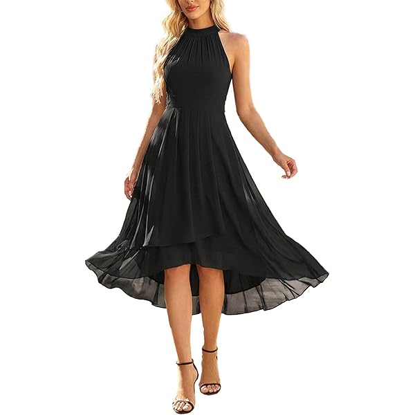 Amazon.com: NaRHbrg Elegant Halter Neck High Low Dress for Women Sleeveless  Chiffon A Line Dresses Cocktail Party Wedding Guest Outfit Army Green :  Clothing, Shoes & Jewelry