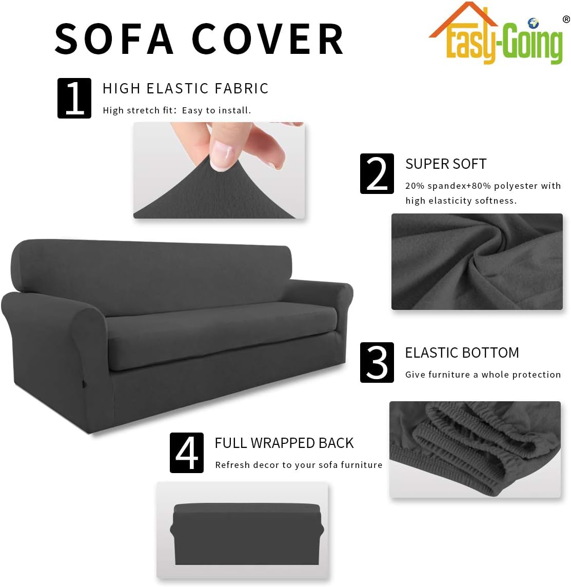 Easy-Going 2 Pieces Microfiber Stretch Sofa Slipcover – Spandex Soft Fitted Sofa Couch Cover, Washable Furniture Protector with Elastic Bottom for Kids,Pet （Sofa，Gray）: Home & Kitchen