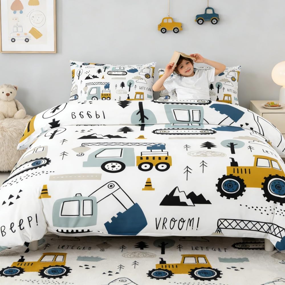 Loussiesd Cartoon Car Kids Bedding Set Construction Bedding Duvet Cover Decor Equipment Trucks Comforter Cover Cartoon Car Excavator Tractor White Yellow Bedspread Cover Bedroom Double 3Pcs — image 1
