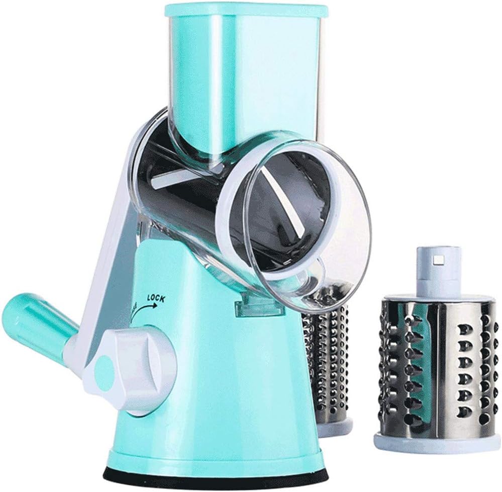 Rotary Cheese Grater - Round Drum Slicer Shredder Grinder - Hand Crank Mandoline for Vegetable Food Pecans Carrots Salad Nut Chopper - 3 Stainless Steel Drums - Strong Suction Base