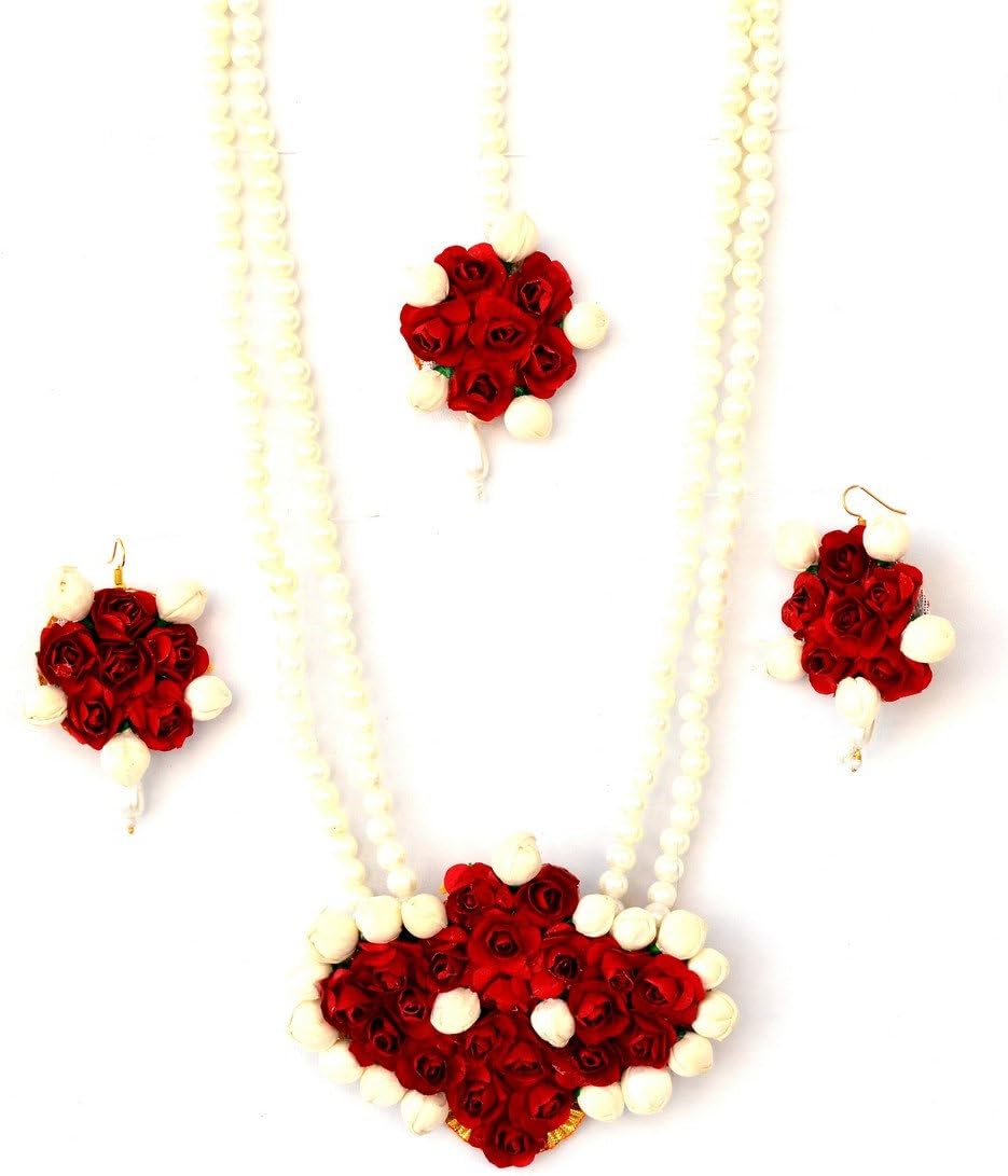 Floret Jewelry Red Flower Jewelry Necklace With Maang Tika & Earrings For Women & Girls (Mehandi/Haldi/Bride)