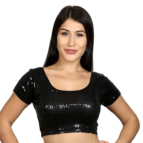 Womens Dupion Silk Sequinned Designer Princess Cut Short Sleeves Readymade Saree Blouse