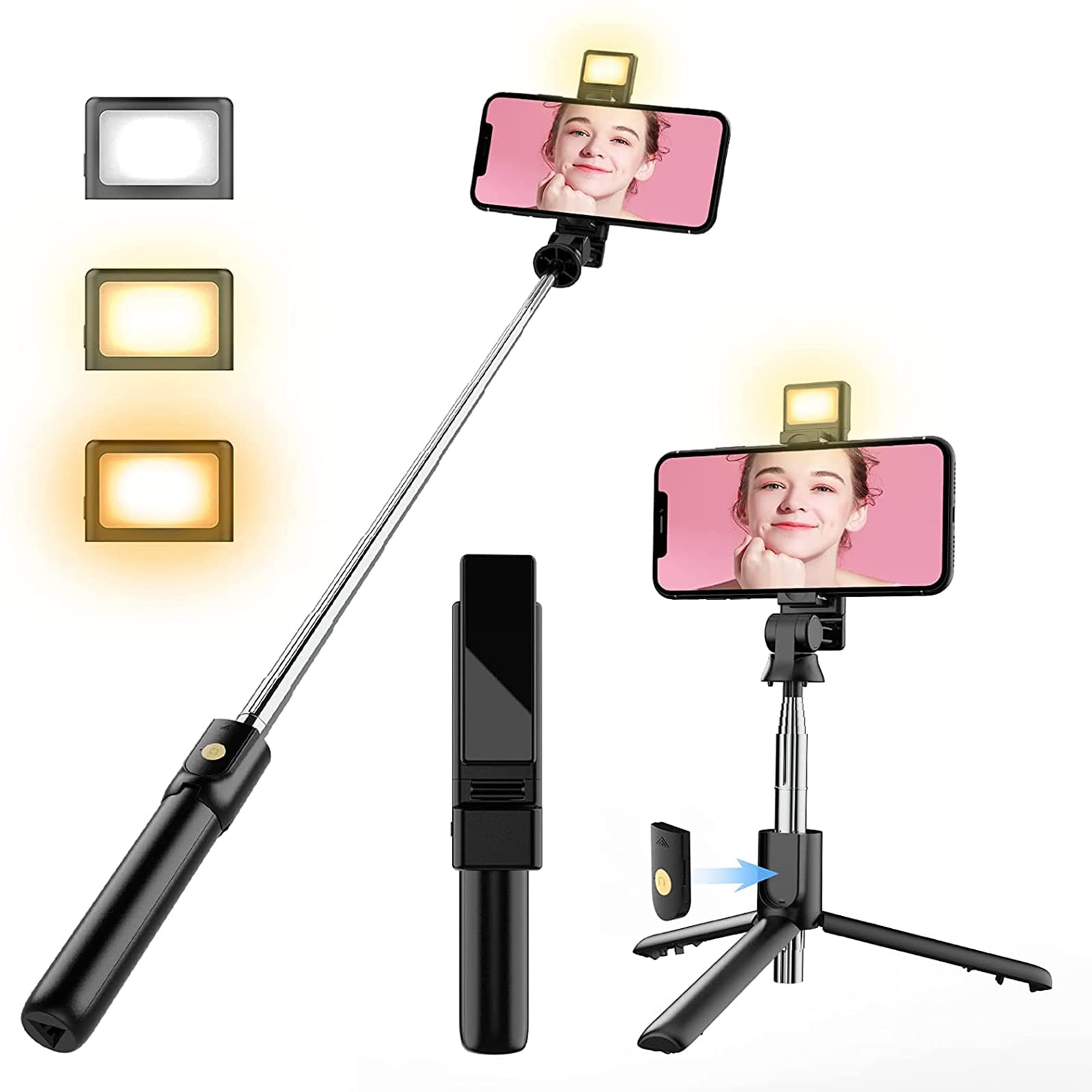 ACEHE Selfie Stick Tripod, 3 in 1 Portable Extendable Selfie Stick with Bluetooth Remote & Fill Light,Compatible with iPhone 12/12 Pro/11/11Pro/XS Max/XS/XR, Galaxy S20/S10/S9,Huawei and More (Black)