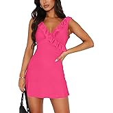 OWIN Women's Sexy V Neck Sleeveless Mesh Ruffles Cocktail Mini Dresses Backless Bodycon Short Club Party Dress