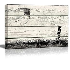 Boy Flying a Kite in Silhouett Artworke- Rustic Canvas Wall Art Home Art - 12x18 inches