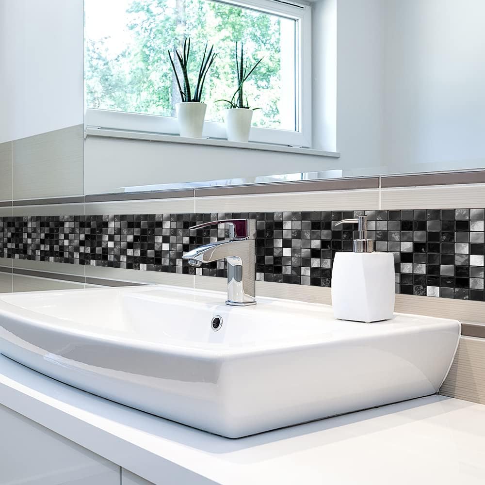 neukids Peel and Stick Black Mosaic Wall Border, DIY Skirting Border, Wall Borders Living Room Bedroom Bathroom Kitchen Decoration Wallpaper Border