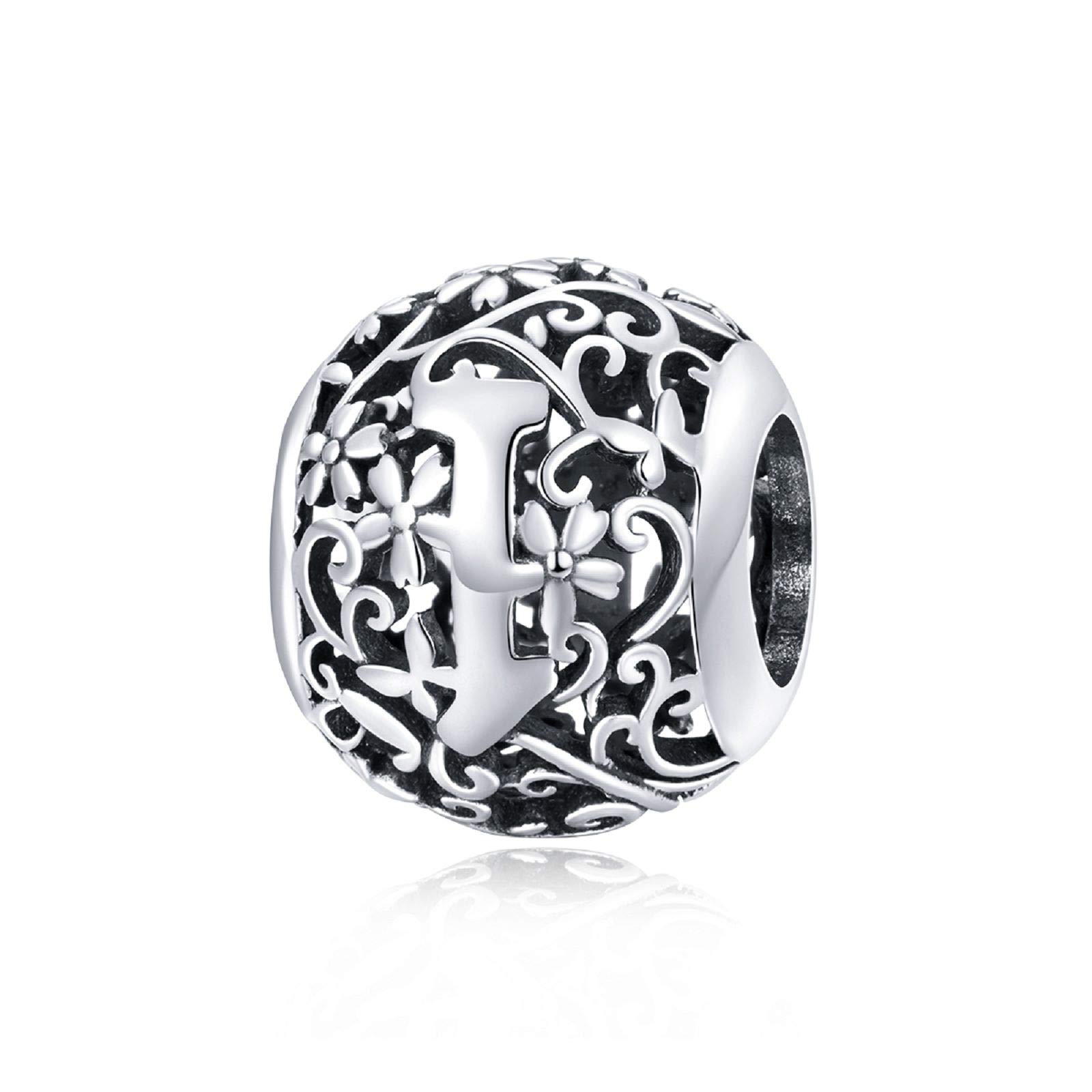 Shining Charm Letter Initial I Alphabet Beads Round Flower 925 Sterling Silver Charms for Bracelets