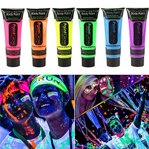 GARYOB Glow in Dark Face Body Paint UV Blacklight Neon Fluorescent-0.35oz Set of 6 Tubes