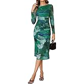 MakeMeChic Women's Long Sleeve Wedding Guest Dress Formal Tie Dye Mesh Ruched Bodycon Cocktail Long Dresses