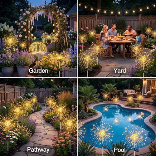 yowin Firework Solar Lights Outdoor Garden 4 Pack 120 LED Solar Garden Lights, 8 Modes Starburst Light Waterproof Copper Wire Dandelion Outdoor Stake Light for Pathway Patio Yard Lawn - Warm White