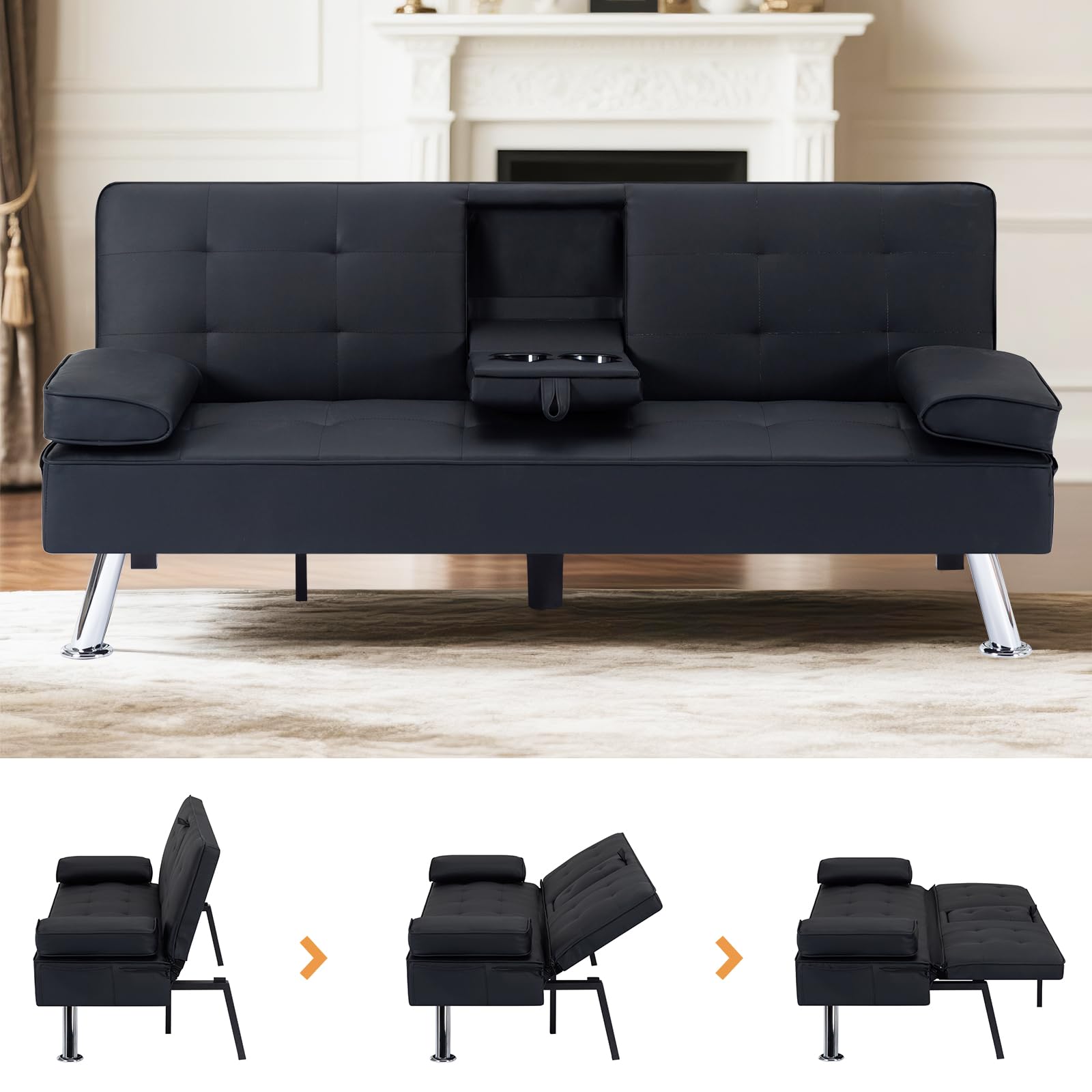 Photo 1 of ** USED** Futon Sofa Bed Modern Folding Futon Ser Convertible Loveseat Sleeper Couch Adjustable Recliner Lounge Sofá Small Accent Sofa&Couch with 2 Cup Holders, Removable Armrests for Living Room