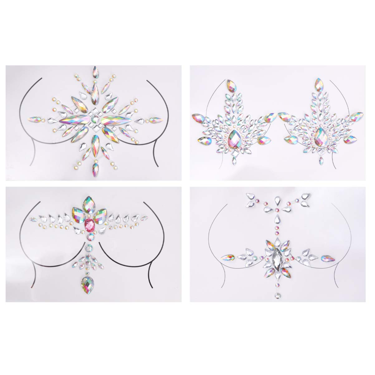 FRCOLOR 4 Sets Rhinestone Tattoo Women Chest Tattoos Breast Jewelry Sticker Crystal Face Tattoos Acrylic Temporary Tattoos for Party Halloween Christmas Festival (Silver)