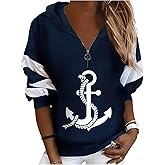 WDIRARA Women's Plus Size Anchor Graphic Print Long Sleeve Sweatshirt Half Zip Color Block Drop Shoulder Hoodie