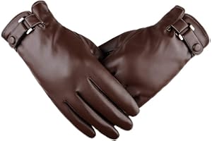 AZYOUNG Men’s Winter Autumn Black Brown PU Leather Plus Thick Velvet Touch Screen Gloves