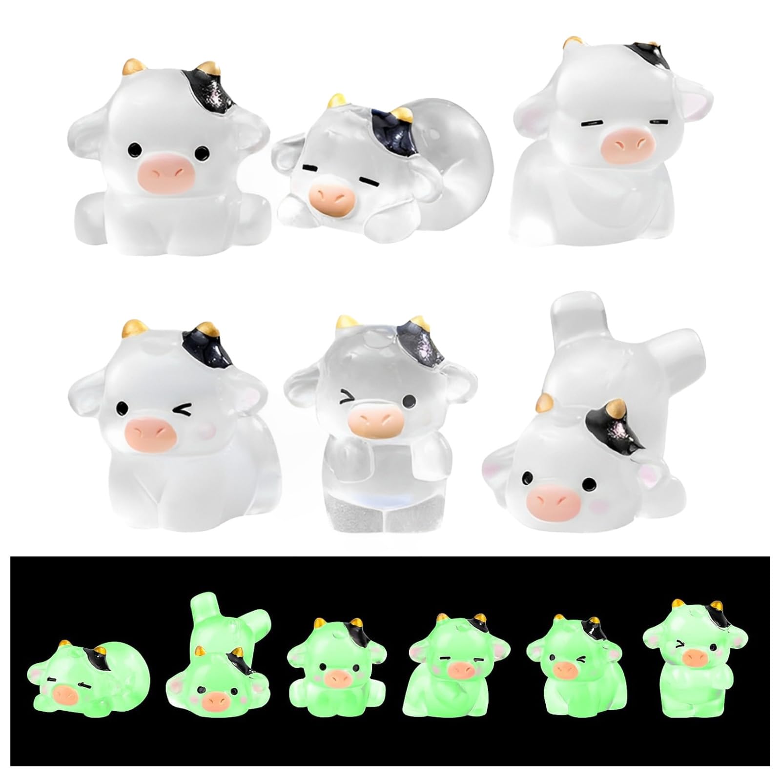 6Pcs Mini Cow Figurines, Tiny Resin Luminous Animals, Mini Resin Figures, Little Plastic Animals Miniature Animal for Garden Landscape Home Car Dash Decoration & Party Cake Headbands DIY ﻿