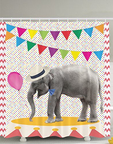 Elephant Decor Cute Party Festival Funny Decorations Balloons Lines of Bunting Colorful Polka Dots Chevron Pattern Fancy Animal Decor Bathroom Fun Shower Curtain Coral Yellow Blue Green Gray Purple