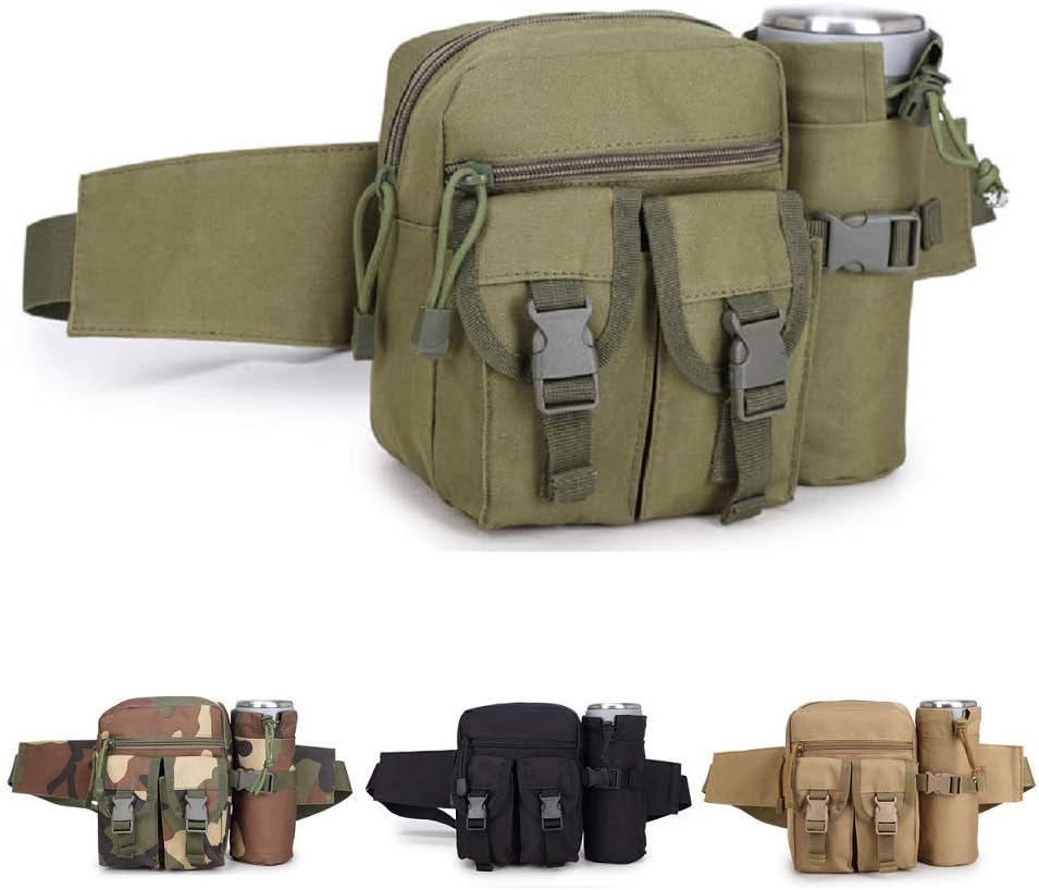 HYCOPROT Tactical Waist Bag Military Fanny Pack Adjustable Sling Bag with Water Bottle Pouch for Fishing Hunting Camping Hiking (Green)
