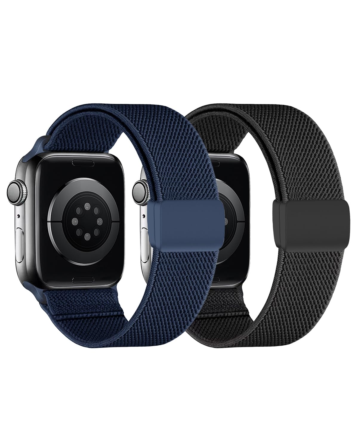 2 Pack Stretchy Nylon Solo Loop Compatible with Kids Apple Watch Bands 38mm 40mm 41mm& 42mm 44mm 45mm 46mm, Easy Buckle Adjustable Elastic Nylon Strap Replacement for iWatch Series 11/10/9/8/7/6/5/4/3/2/1/SE 3/SE 2/SE Boys Girls (Black+Blue, 38/40/41/42mm(Series 10/11))