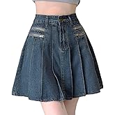 kakarin choyx Fashion Women's Jean Mini Skirt Y2K Casual Vintage A Line High Waist Pleated Denim Skirt with Lining