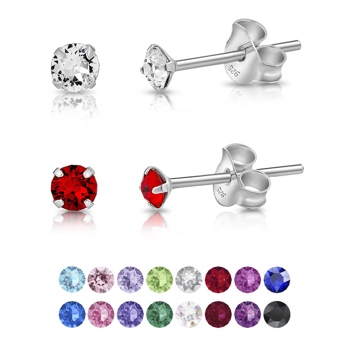 DTPSilver - Set of 2 PAIRS of 925 Sterling Silver Round TINY Stud Earrings made with Glittering Crystals from Swarovski® Elements - Diameter: 3 mm - Colour : Red Light Siam