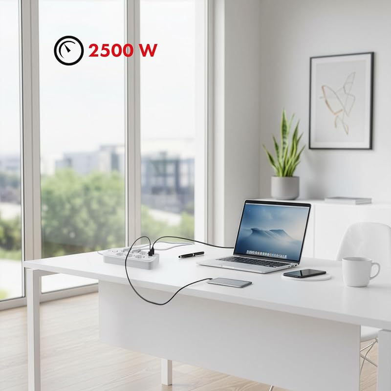 MCE389/391 Steckdosenleiste | 6 Anschlüsse 4xUSB 1xUSB-C 2500W | Schreibtisch-Verlängerungskabel mit Schalter | 45°-Anschlüsse | Wandmontage (Weiß, 1,5m)
