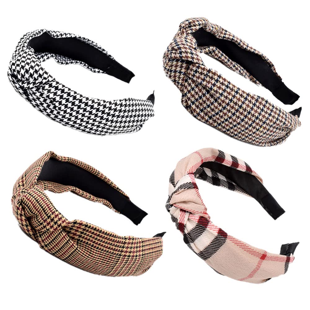 Headbands for Women Alice Bands Adult Boho Beauty Wide Houndstooth Hairpins Top Knot Turban Hairband No Slip Headwear Elastic Hair Hoops Fashion Hair Accessories 4Pcs
