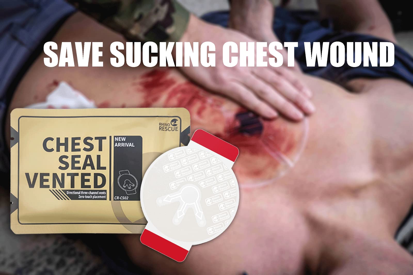 RHINO RESCUE Vent Chest Seal, Emergency Trauma Dressing, First Aid Kit Sterile, Wound Care IFAK Supplies, FSA HSA Eligible, 2 Count