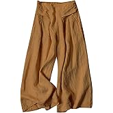 Gihuo Women' s Culottes Linen Blend Wide Leg Pants Elastic Waist Casual Palazzo Trousers with Pockets Capris