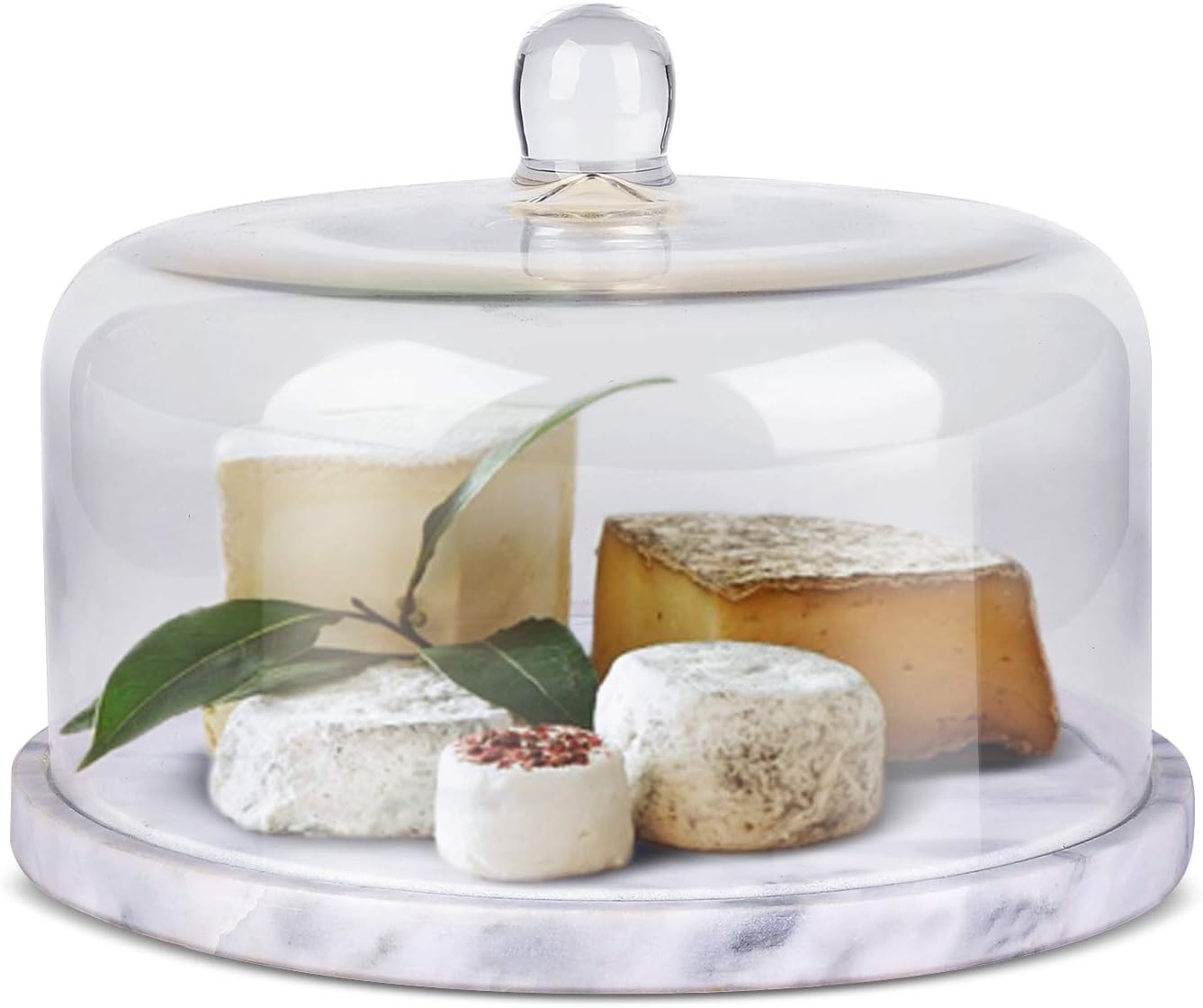 Flexzion Marble Cake Stand with Lid Round Glass Cover Glass Dome Cake Saver Cheese Holder Serving Platter Stone Cake Stand Cutting Board Slab Set for Kitchen Dining Bakery Pastries Display 11 Inches - Image 3
