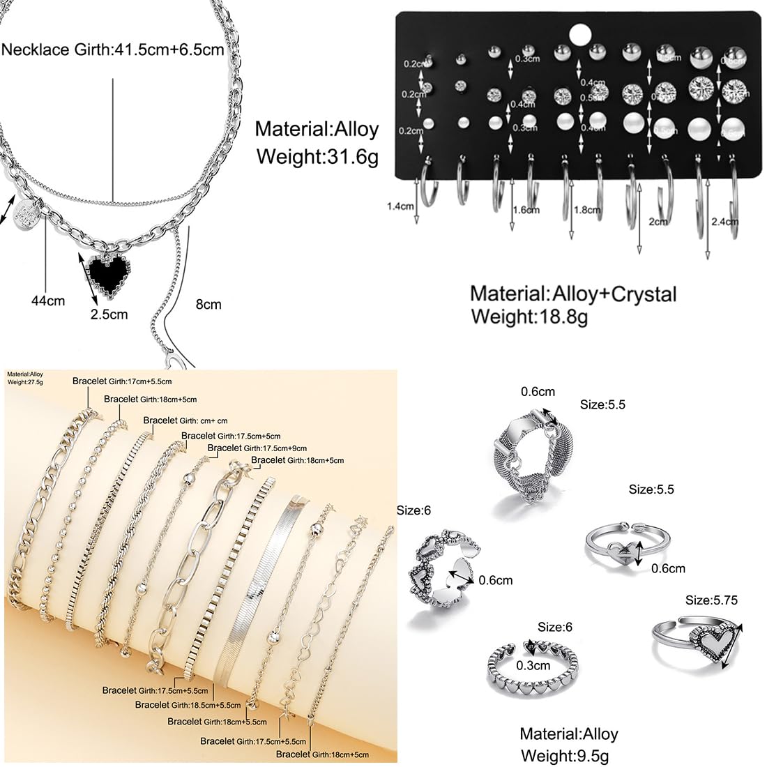 IFNODO 47pcs Gold Jewelry Set With 3 PCS Necklace, 11 PCS Bracelet,20pcs Hoop Stud Earrings,7pcs rings set For Women For Birthday Gifts