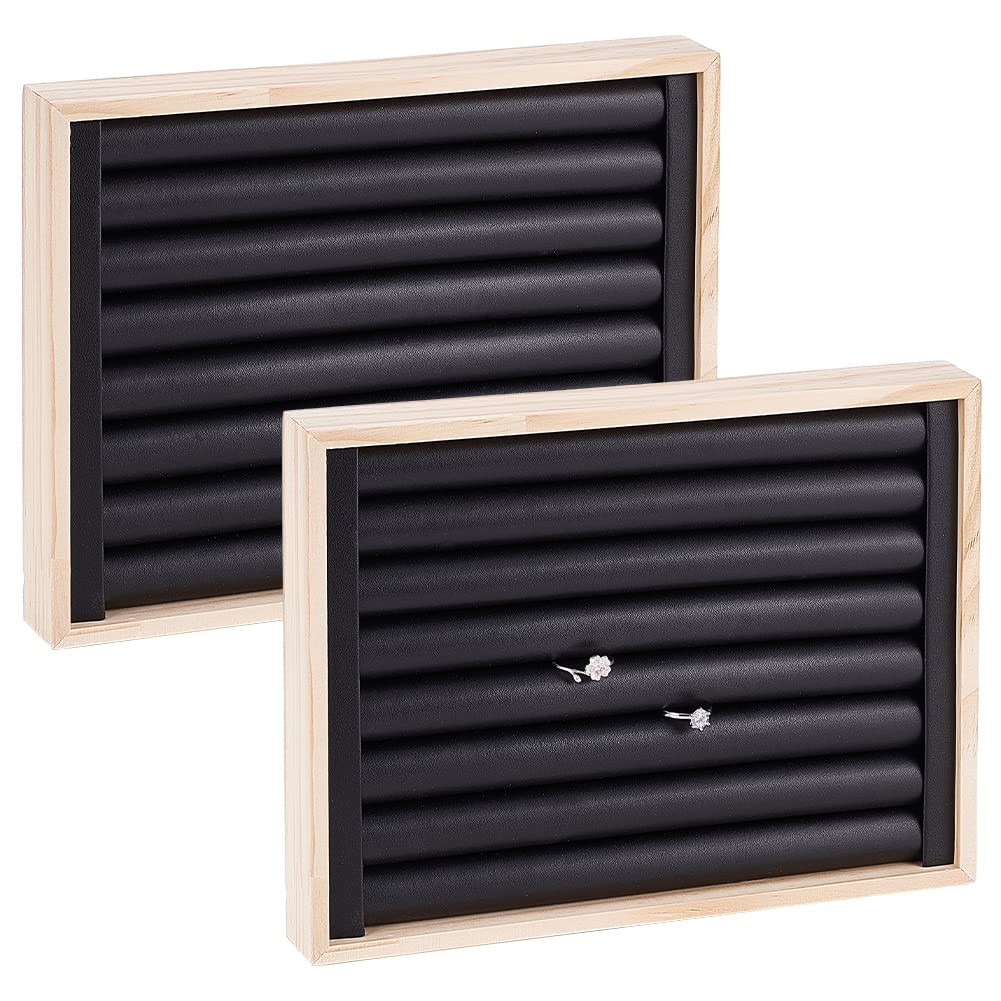 NBEADS 2 Pcs PU Leather Rings Displays Tray, 7 Slots Ring Earring Storage Holder Bracelets Necklaces Jewelry Display Organizer for Jewelry Retail Display Selling, Black, 24.1x18x3.1cm