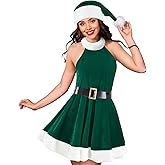 Hillban Women Christmas Santa Dress Costume Outfit with Hat Belt Velvet Adult Mrs. Claus Cosplay Xmas Dress for Lady