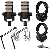 Rode PodMic Dynamic Podcasting Microphone Black, Pair, Bundle with 2X Broadcast Arms and 10' XLR Cables, Turnstile Audio Headphones