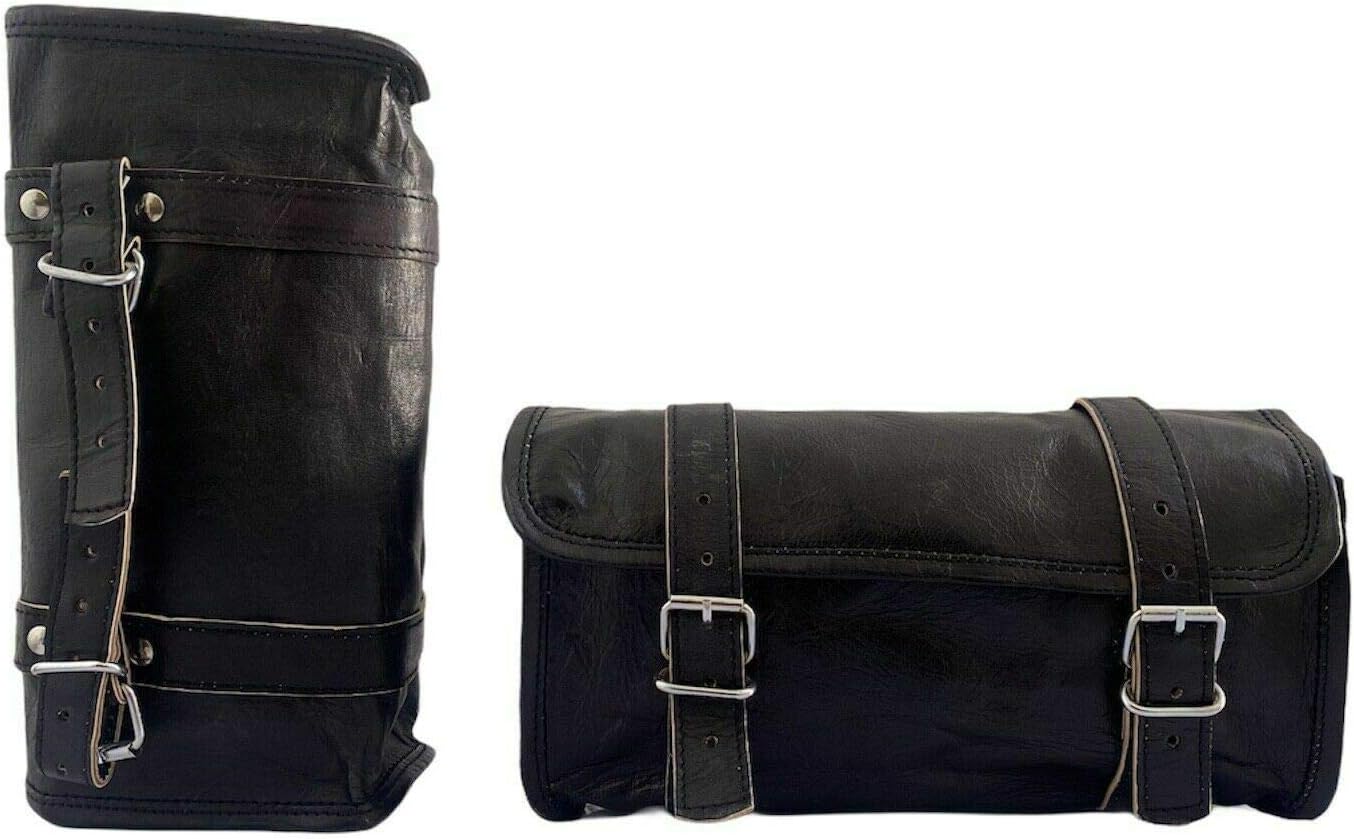 handlebar bag powersports luggage Motorcycle Saddle Bags Genuine Black Leather roll Pouch Side fork Tool Pouch motorcycle accessories (Black): Automotive