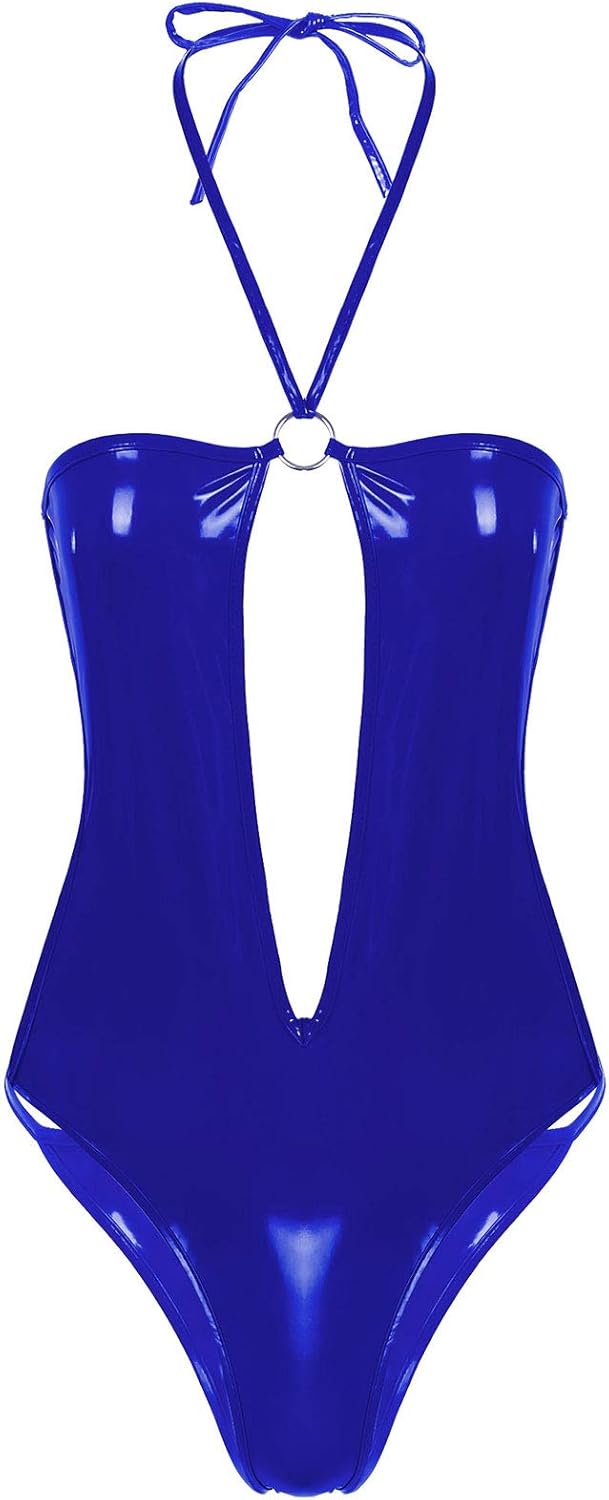 Damen Badeanzug Glänzend Micro - Metallic Monokini Mit Neckholder & String