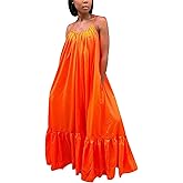 Adogirl Women's Sexy Spaghetti Strap Sleeveless Ruched Ruffle Hem Bandage Oversized Beach Loose Long Maxi Swing Dress