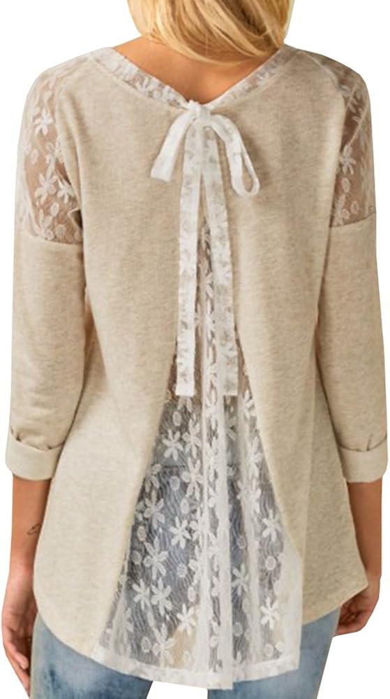 KunLunMen Womens Tops Long Sleeve Lace Up Back Lace Splicing Loose Pullover Blouses at Amazon 
