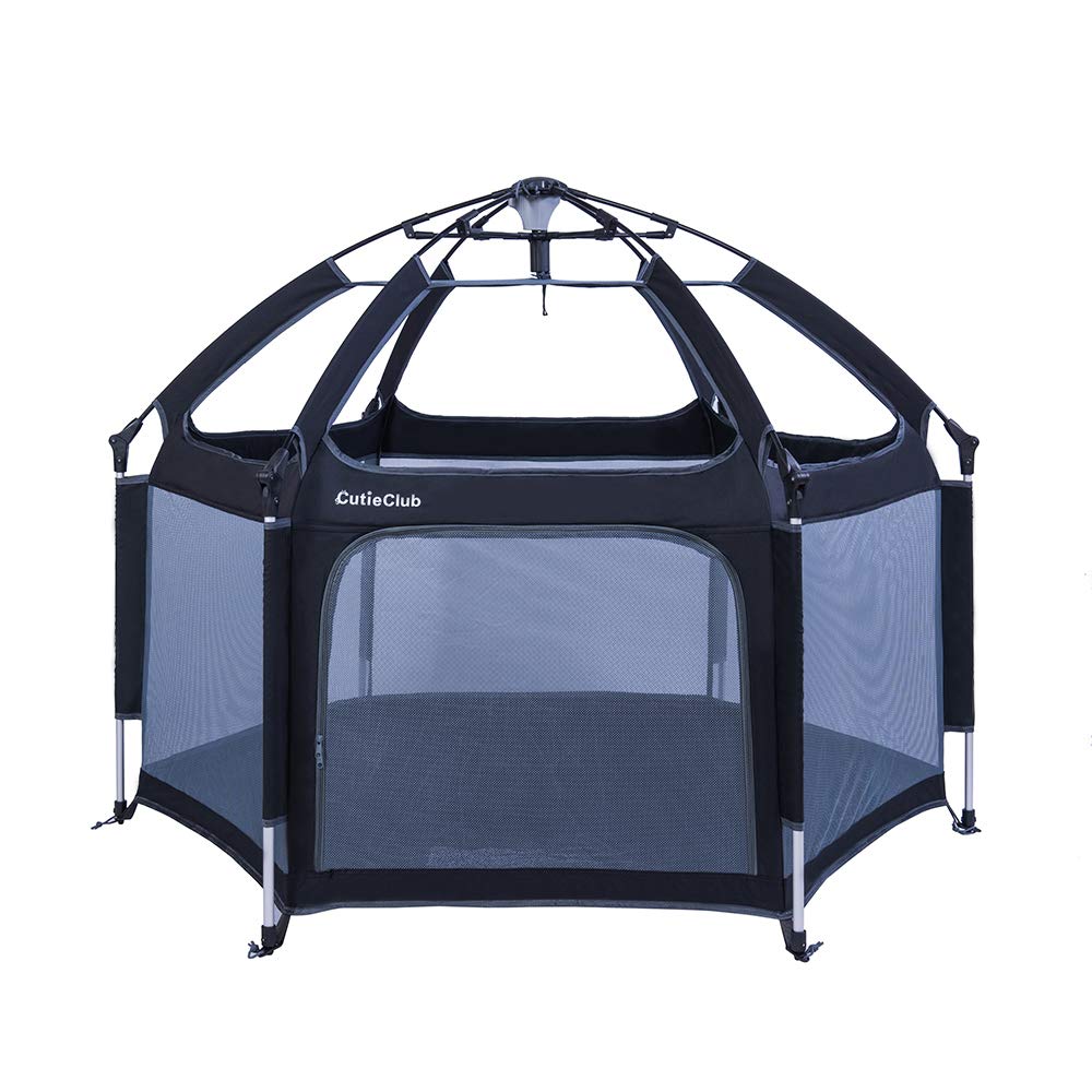 CutieClub Portable Playard with Safety Mattress for Infants and Babies, 6-Panel Kids Playpen with Anti UV Canopy for Indoor and Outdoor (Black)