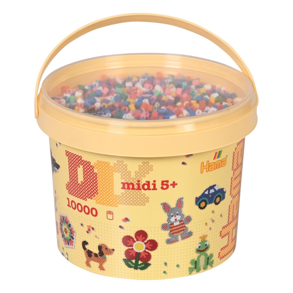 Hama Midi Beads Bucket, Approx.10.000 Fuse Beads, Mosaic Decoration Arts & Craft Kit for Creative Children Ages 5+ Assorted Colours of Beads, Iron/Melty Bead Set