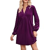 Women's Velvet Mini Dress Fall Fashion Lantern Sleeve Tunic Shift Short Dress with Pockets