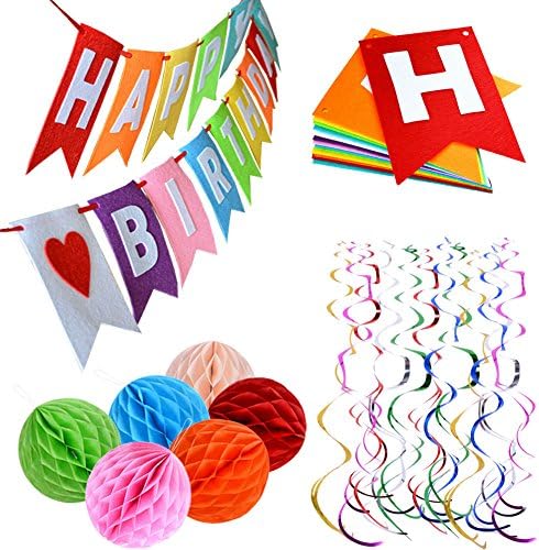 HS Novelty Happy Birthday Banner With 6 Tissue Pom Pom Balls and 12 Rainbow Foil Swirl for Birthday Party Decorations