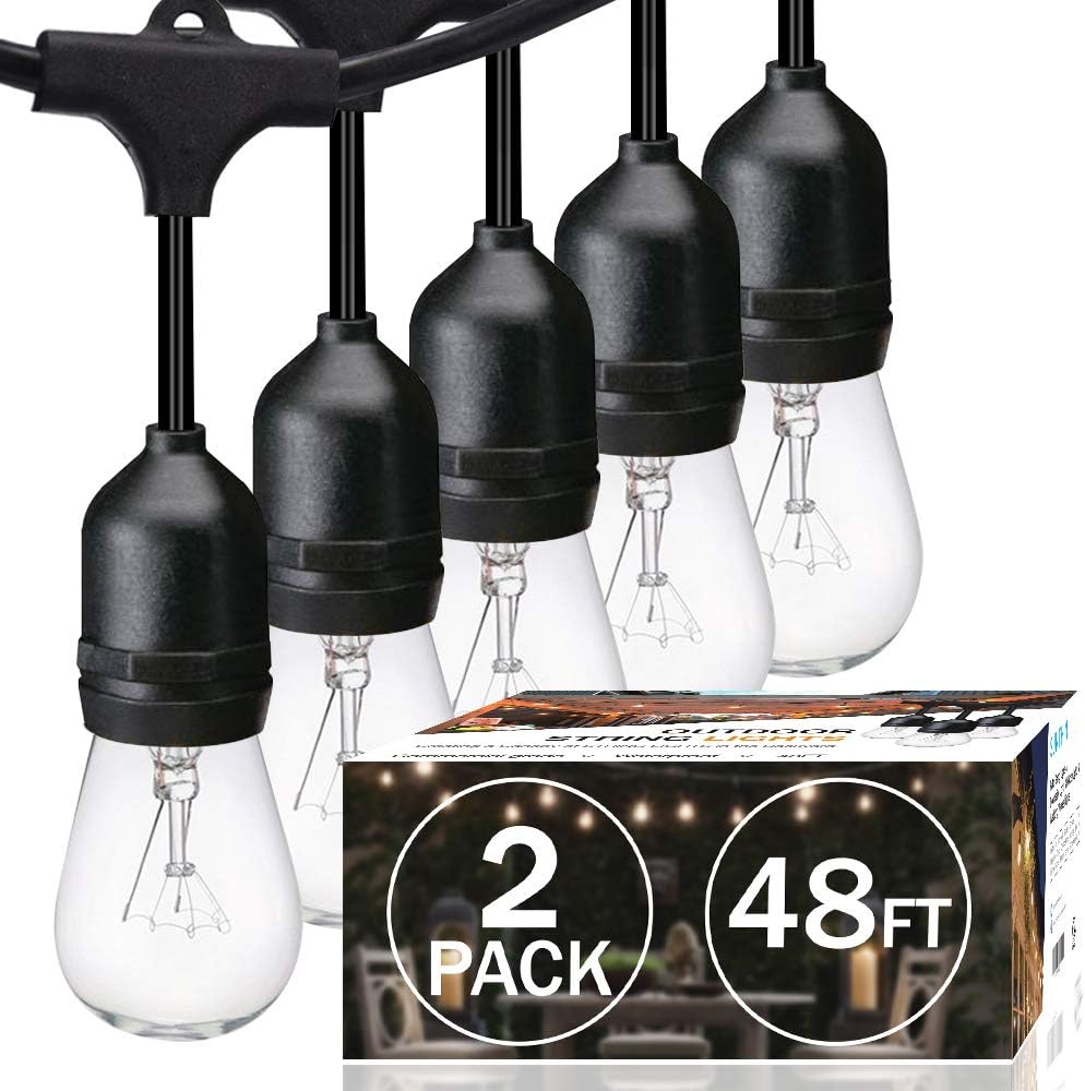 SunThin 2-Pack 48ft String of Lights with 15 x E26 Sockets and Hanging Loops, 18 x 11 Watt S14 Bulbs (3 Spares) -Indoor/Outdoor String Lights, Commercial String Lights, Patio Lights, Light Strings