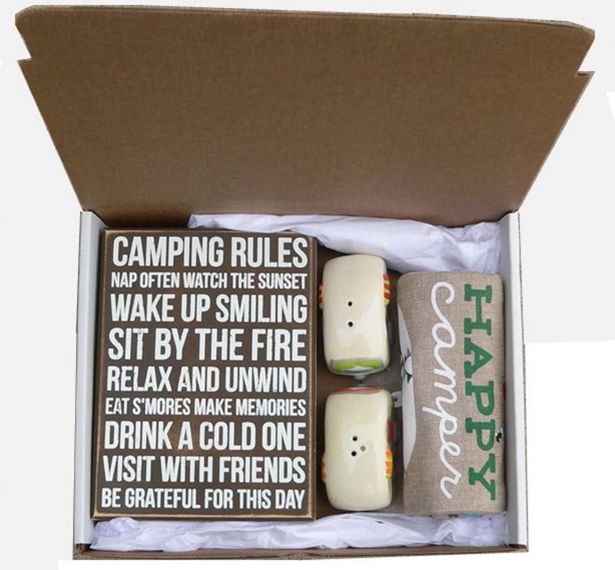 Camper Kitchen Décor Bundle: 2 Kay Dee Camping Towels, 1 Primitives by Kathy Camping Rules Box Sign, 1 Beachcombers RV Camper Salt and Pepper Shaker Set: Home & Kitchen