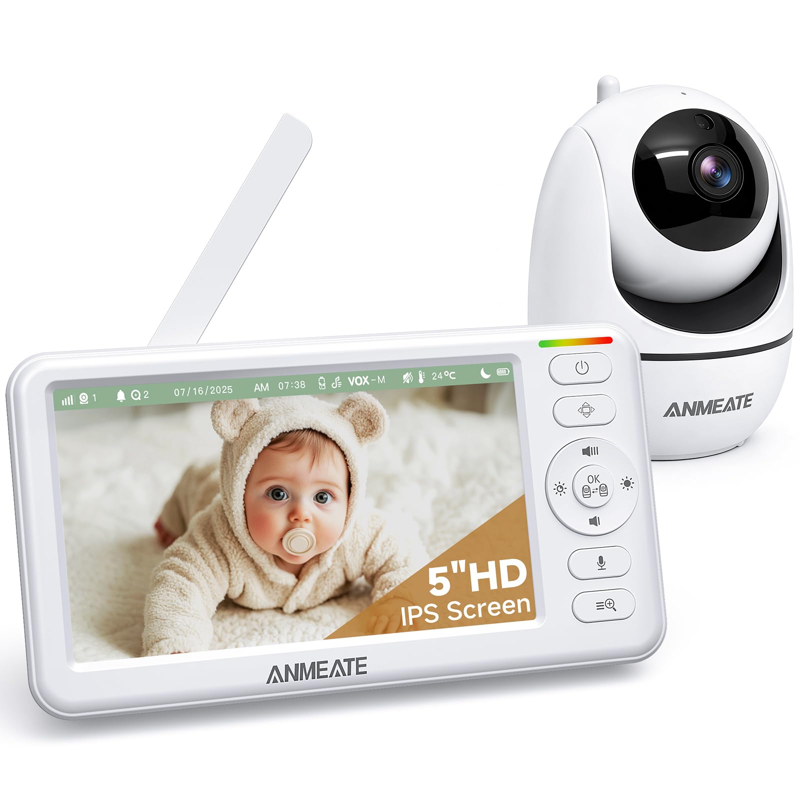 ANMEATE 5" HD Video Baby Monitor with Camera and Audio - No WiFi, 48H Battery Life,720P Remote Pan Tilt Zoom, Two-Way Talk, Night Vision, Thermal Room Monitor, Lullabies & White Noise, 1000ft Range Image