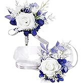 MAFELOE Wrist Corsage and Boutonniere Set for Prom Homecoming Wedding Party Celebration Artificial Flowers Accessories Suit Decor 2 Pieces - White+Navy Blue