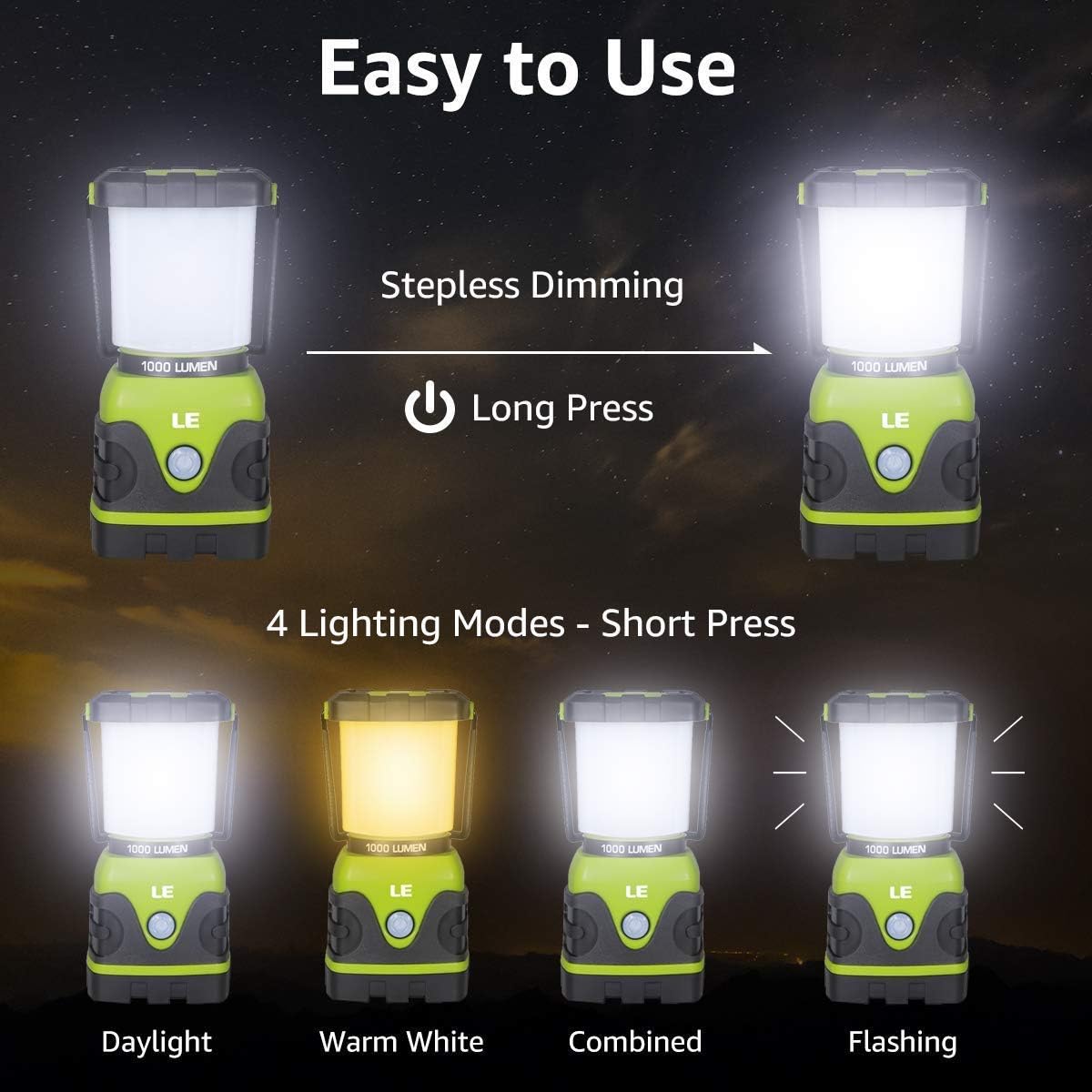 LE LED Camping Lantern, Battery Powered LED with 1000LM, 4 Light Modes, Waterproof Tent Light, Perfect Lantern Flashlight for Hurricane, Emergency, Survival Kits, Hiking, Fishing, Home and More: Sports & Outdoors